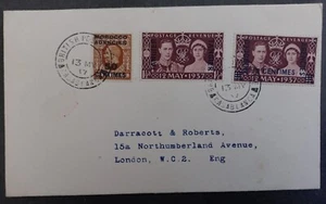 1937 Morocco (Tangier) Cover ties 3 Stamps cd Casablanca-London - Picture 1 of 2