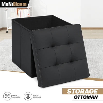 Faux Leather Black Storage Ottoman Classic Cube Seat Home Entryway Décor Benches - Image 1 of 4