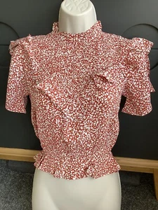 RIVER ISLAND BLOUSE Size 6 Petite Tan Brown Spotted Frill Short Sleeve - Picture 1 of 12