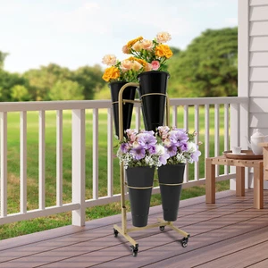 Gold Flower Display Stand+Black 6PCS Buckets 2-Layer Steel Plant Stand w/ Wheels - Picture 1 of 12