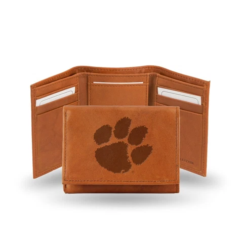 Clemson Tigers NCAA Embossed Brown Leather Trifold Wallet Cover