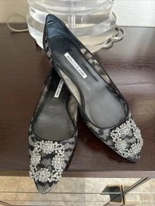 Manolo Blahnik Hangisi Black Lace Jewel Buckle Ballet Flats Size 39 $1295 - Picture 1 of 12