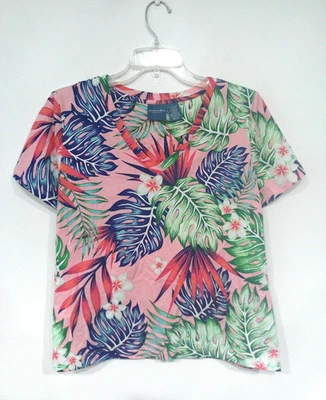 Caribbean Joe Women's Shirt Size Large Pink Tropical Floral Stretch Knit V-Neck - Image 1 of 4