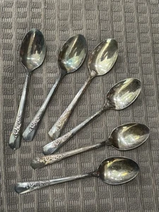 CUCHARA DE TÉ 6 piezas placa de plata cucharadita madera rosa 1950 dado rápido 'plata' limpio - Imagen 1 de 3