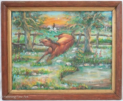 Stunning Vintage Oil Painting of Horses Colorful Floral Sunset Landscape Signed - Image 1 of 4