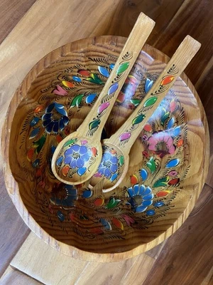 Hand Painted Mexican Folk Art Wooden Salad Bowl Set with Serving Utensils - Image 1 of 4
