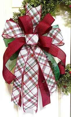 10 " x 20 " WIRED PLAID CHRISTMAS BOW / WREATH SWAG GARLAND TREE TOPPER # 171 rb - Image 1 of 4