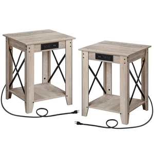 LARMNEE Nightstand with Charging Station Farmhouse End Table Bedside Cabinet - Picture 1 of 12