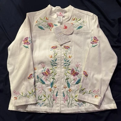 New QUACKER FACTORY Zip Jacket XL White Floral Embroidered Beaded Accents - Image 1 of 4