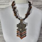 Bohemian Hippy Ethnic Lagenlook Necklace Bronze Tone Metal Orange Beads 