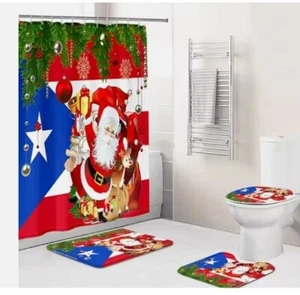 Christmas Shower Curtain Bathroom Set W/ Puerto Rico Flag Set 4 Pcs * FREE SHIP - Picture 1 of 4