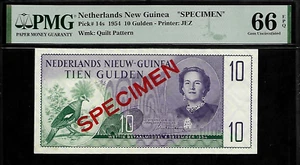 New Guinea Specimen 10 Gulden 1954 PMG 66 EPQ UNC P#14s Printer JEZ - Picture 1 of 4