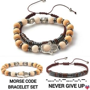 Morse Code Gemstone Bracelet Never Give Up Chakra Hamsa Unisex Mens Silver Gift 