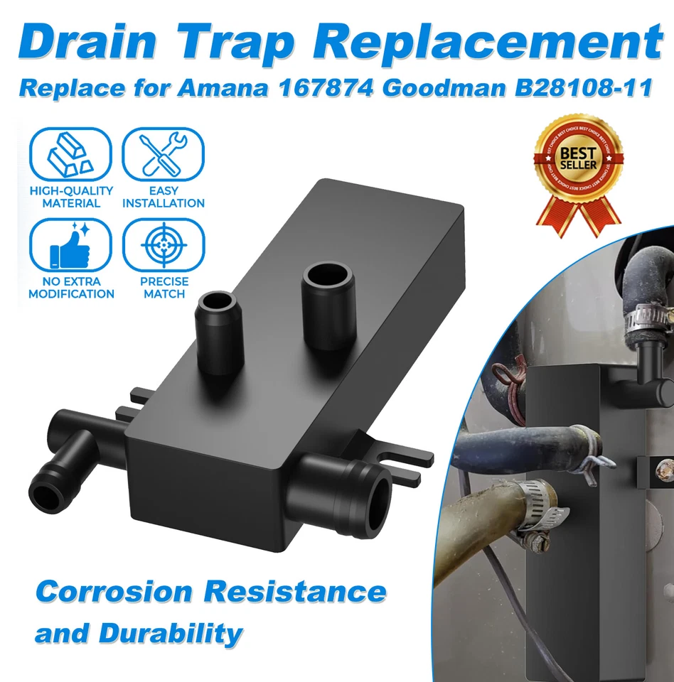 JUNOMABIX Black Air Conditioner Furnace Drain Trap For Amana 167874 Goodman B28108-11 US