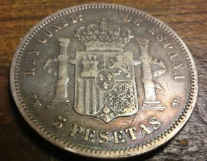 Alfonso XII 5 Pesetas 1879 EMM Rare Silver Crown like 8 Reales Toned! - Picture 1 of 7