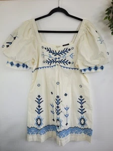 Karen Millen Embroidered Dress Size 12 Puff Sleeve Cotton Short Cream Blue BNWT - Picture 1 of 14