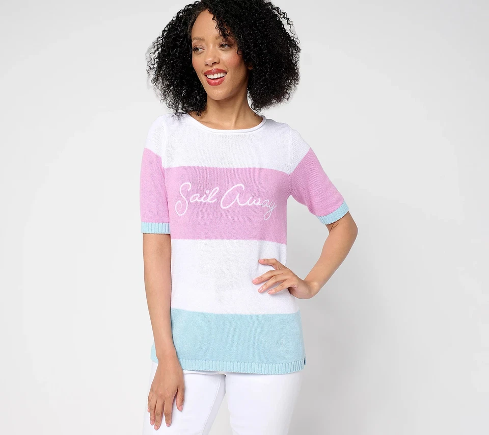 Denim & Co. Beach 100% Cotton Elbow Sleeve Sweater-Sail Away-2X A687473 - Image 1 of 1