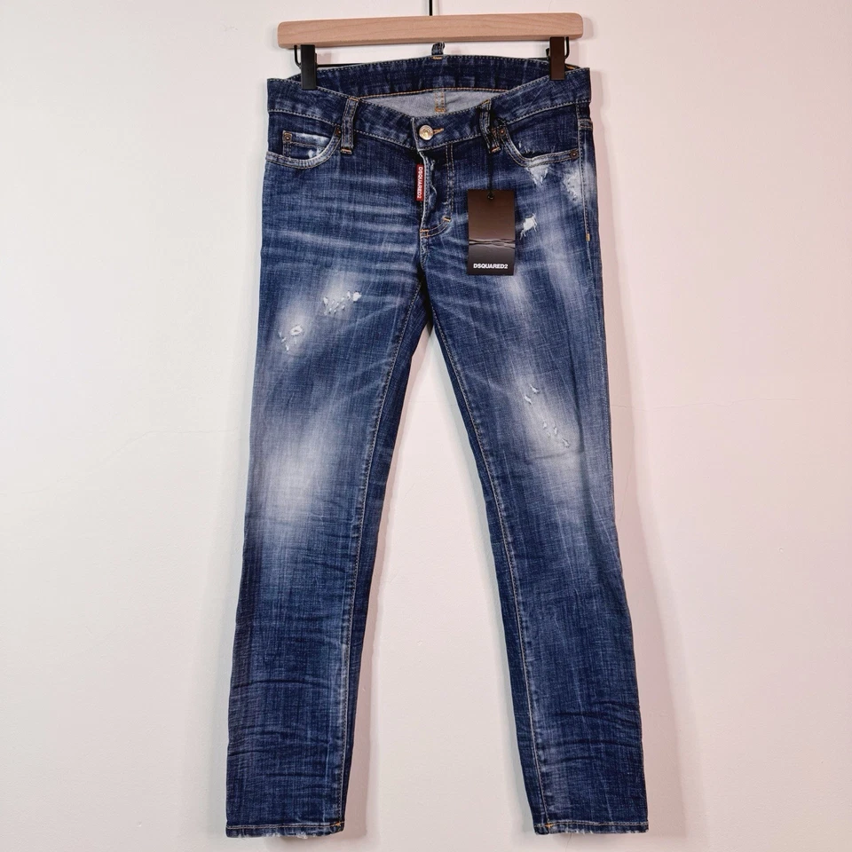 NWT Dsquared2 Jennifer Cropped Low Rise Jeans Distressed Blue Medium Wash Size 2 - Image 1 of 4