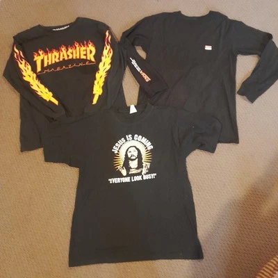 Skater Tshirts Mens Small Teen Thrasher Vans X3 Black Tees Skate 90s Grunge Punk - image 1 of 4