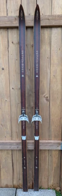 Great Old Wooden Snow Skis Vintage Measure 72 inch Long Brown Finish - Image 1 of 4