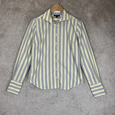 Lands' End Shirt Womens 10 Blue Yellow Striped Button Up Long Sleeve- 3559 - Image 1 of 4