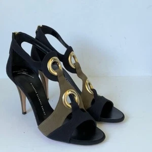Giuseppe Zanotti Women Black Green Canvas Grommet Heels Sandal EU39 US 9M - Picture 1 of 9