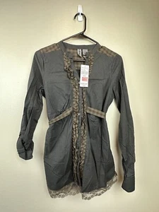 Buckle BKE Women's Blouse Medium Brown Blue Checked Roll Tab Sleeves Belted - Picture 1 of 12