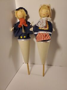 2 Vintage Push Pop Up Hand Made Cone Puppet On Wooden Stick - Girl &Boy