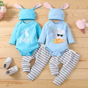 Infant Boys Girls Easter Outfits 3pcs Long Sleeve Letter Romper Tops Pants Hat - Picture 1 of 17