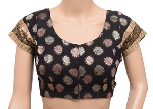 Sushila Vintage Readymade Stitched Sari Blouse Black Silk Woven Designer Choli - Picture 1 of 4