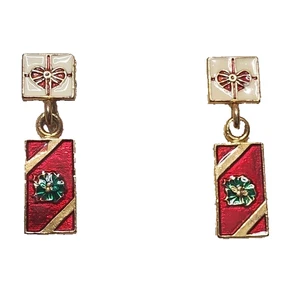 VINTAGE 80S CHRISTMAS DANGLE EARRINGS RED GREEN ENAMEL HOLIDAY STATEMENT - Picture 1 of 6