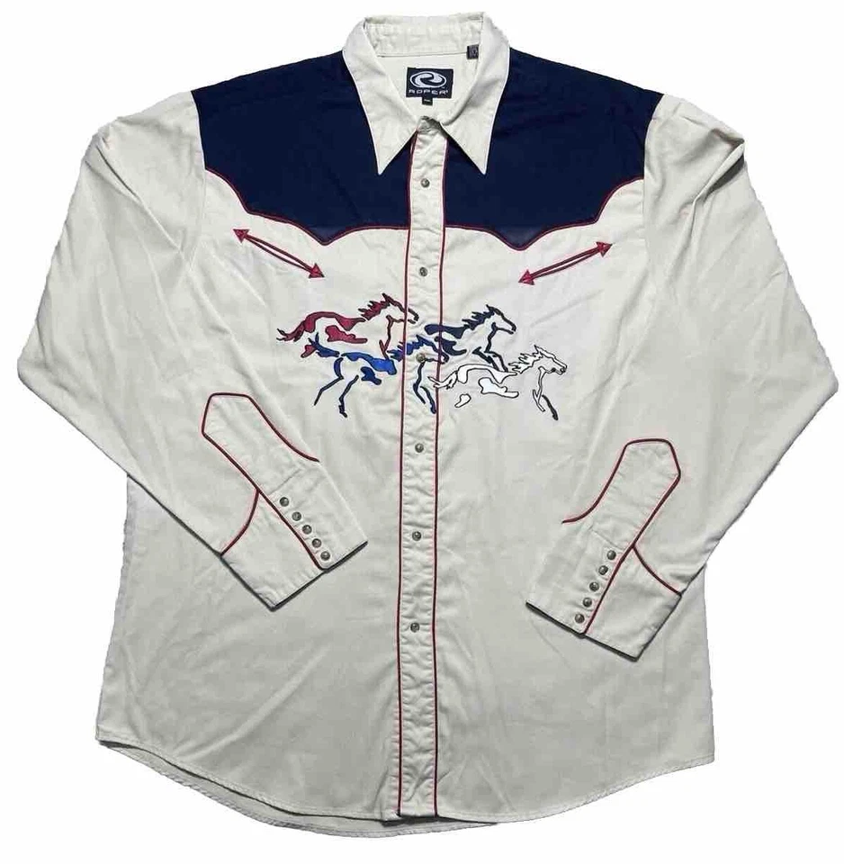 Camisa vaquera bordada vintage Roper para hombre 2XL Rockabilly caballos de rodeo Foto 1 de 4