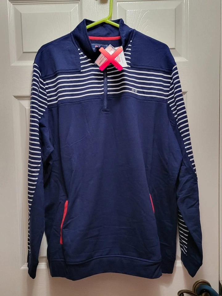 Pulôver Vineyard Vines 3/4 zíper patriótico EUA XXL 2X algodão listrado bandeira da marinha - Imagem 1 de 3