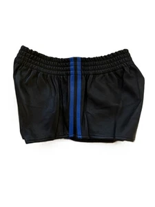 Black Leather Athletic Shorts With Blue Side Strips. - Picture 1 of 4