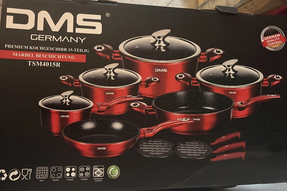 DMS TSM 4015R 15-teilig Induktion Kochgeschirr set Töpfe Bratpfanne,Rot/Metall - Bild 1 von 1