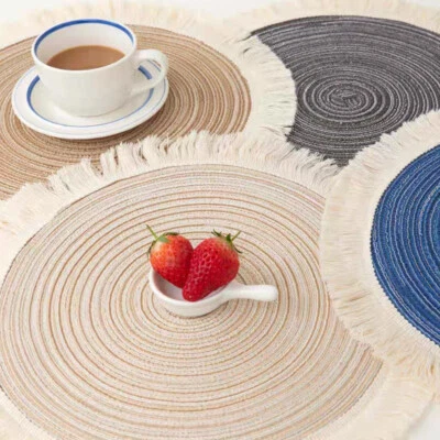 Tassel Edge Table Mat Braided Straw Woven Placemats Natural Kitchen Handmade  - Image 1 of 4