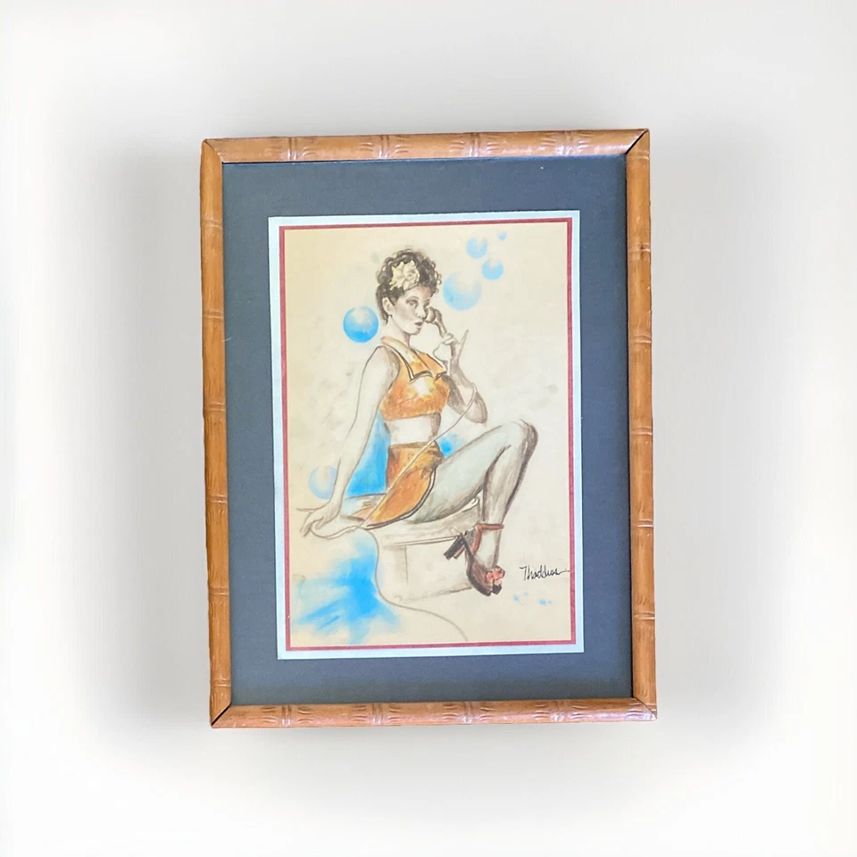 Pintura artística original Thadeus niña pinup--firmada, burbujas MCM Foto 1 de 4