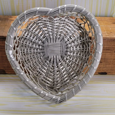 Heart shaped woven silver wire basket. Valentine's Day. 8"x7" Cover