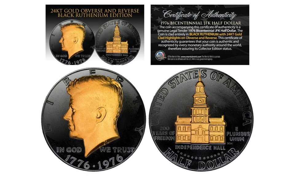 1976 RUTÊNIO PRETO Bicentenário JFK Meio Dólar com OURO 24K Características 2 Lados - Imagem 1 de 1
