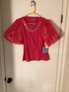 Women NWT "CeCe" hot pink Tee with satin puffy sleeves. Size Medium Reg. $69.00 - Picture 1 of 2