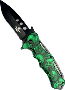 Coltello tascabile Snake Eye - 440 acciaio inox lama 3,5" + design teschio verde malvagio - Foto 1 di 6