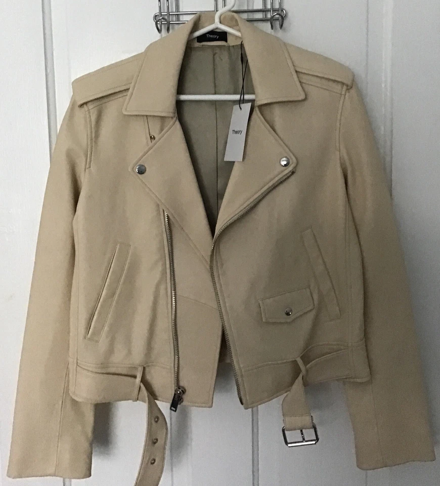 Nueva chaqueta de cuero Theory $995, beige, crema, cremallera plateada Foto 1 de 4