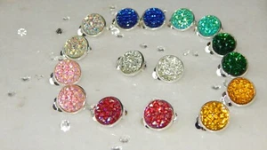 SILVER PLATED CLIP ON CUP EARRINGS WITH 12MM SPARKLY RESIN STONES. UNISEX. PARTY - Picture 1 of 9