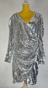 Silber Pailletten Drapiert Wickel Party Kleid Gr 18 Langarm Abend Cocktail - Bild 1 von 24