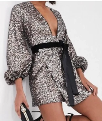 New Asos Curve Silver Textured Metallic Sequin Wrap Dress with ribbon belt  16 - Image 1 of 4