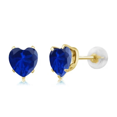 10K Yellow Gold Blue Created Sapphire Stud Earrings (1.60 Ct Heart Shape 6MM) - Image 1 of 3