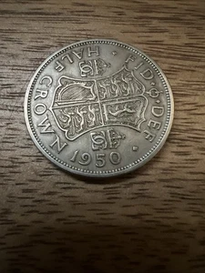 Hermosa moneda británica 1950 media 1/2 corona - moneda del rey Jorge VI del Reino Unido 🇬🇧 Inglaterra - Imagen 1 de 3