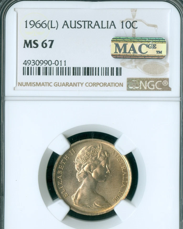 1966 (L) AUSTRALIA 10 CENTS NGC MS67 PQ 2ND FINEST GRADE MAC SPOTLESS  * - Image 1 of 2