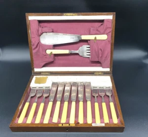 Antik Art Deco Walker & Hall 14 teiliges Fischbesteck VERSILBERT um 1930 Bakelit - Bild 1 von 15