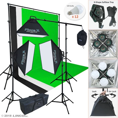 Kit de iluminación de estudio fotográfico de 2000 vatios con soporte de telón de fondo de muselina de 3 colores AM247 Foto 1 de 4